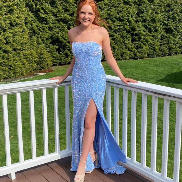 Sherri Hill Gorgeous Blue Sequins Strapless Prom Gown Size 2 Worn Once - Picture 4 of 5